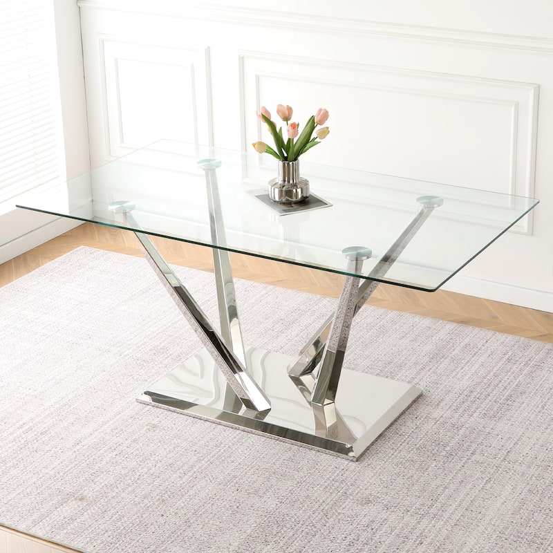 63" Glass Dining Table Set for 4, 5 Piece Dining Table and Chairs Set, Rectangular Table with 4 Faux Leather Chairs & Metal Legs