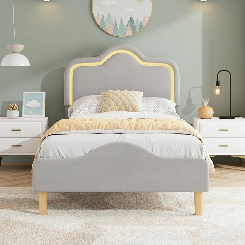 Bed Frame, Adjustable LED Headboard and Footboard - Grey - Twin