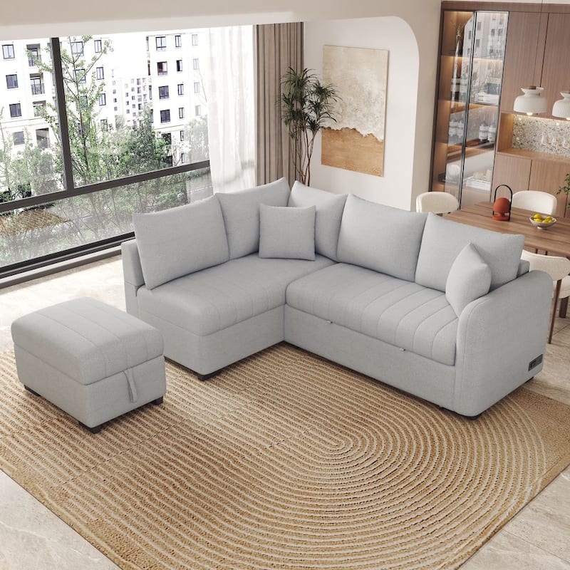 82.6" L-Shaped Sectional Pull Out Sofa Bed Sleeper Sofa with Two USB Ports, Two Power Sockets and A Movable Storage Ottoman - Grey