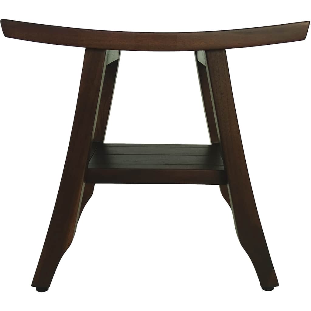 Compact Curviliniear Teak Shower / Outdoor Bench with Shelf in Brown Finish