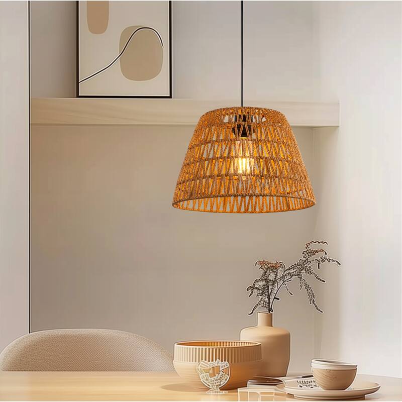 YANSUN BOHO Style Single-Light Paper Rope Woven Pendant Light, E26 Socket for Unique Home Décor - Brown - 13.8*13.8*8.7
