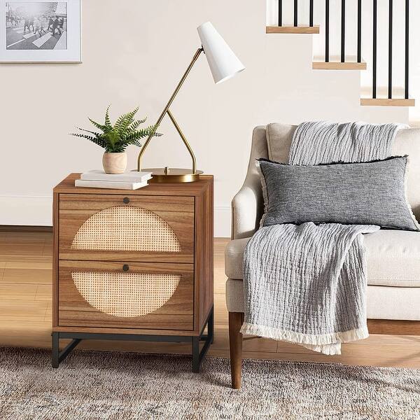 Image showcasing Modern Minimalism Nightstand, Bohemian Wood Bedside Table with Woven ...
