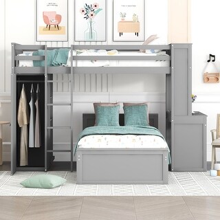 Twin over Twin Size Loft Bed with a Twin Size Stand-alone Bed, Bunk Bed with Shelves, Desk and Wardrobe, Grey
