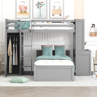Wood High Loft Bed with Alone Bed,Shelves,Wardrobe and Built In Desk