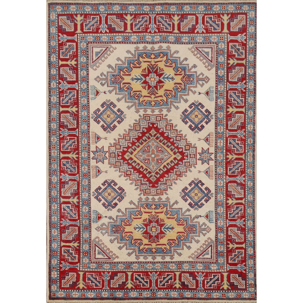Beige / Ivory Kazak Accent Rug Hand-Knotted Wool Carpet - 4'1" x 5'10"