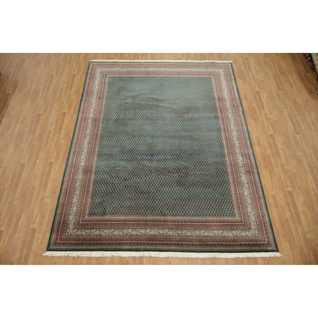 Hand Knotted Oriental 100% Wool Carpet Traditional All-Over Green Botemir Area Rug - 12' 0'' X 9' 1''