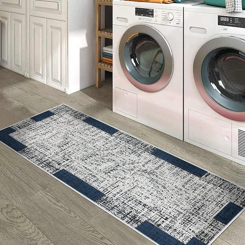 SussexHome Washable Ultra Thin Cotton Laundry Room Rug Runner - 20" x 59" - Navy without Text