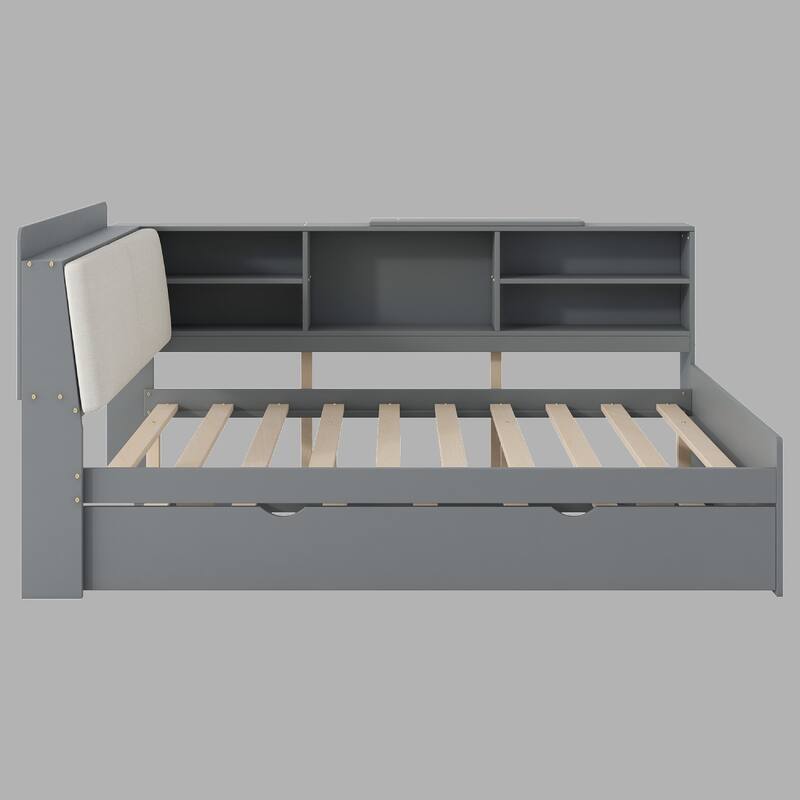 Wood Full Platform Bed with Trundle, Upholstered Headboard & Storage Shelves - Grey - Full