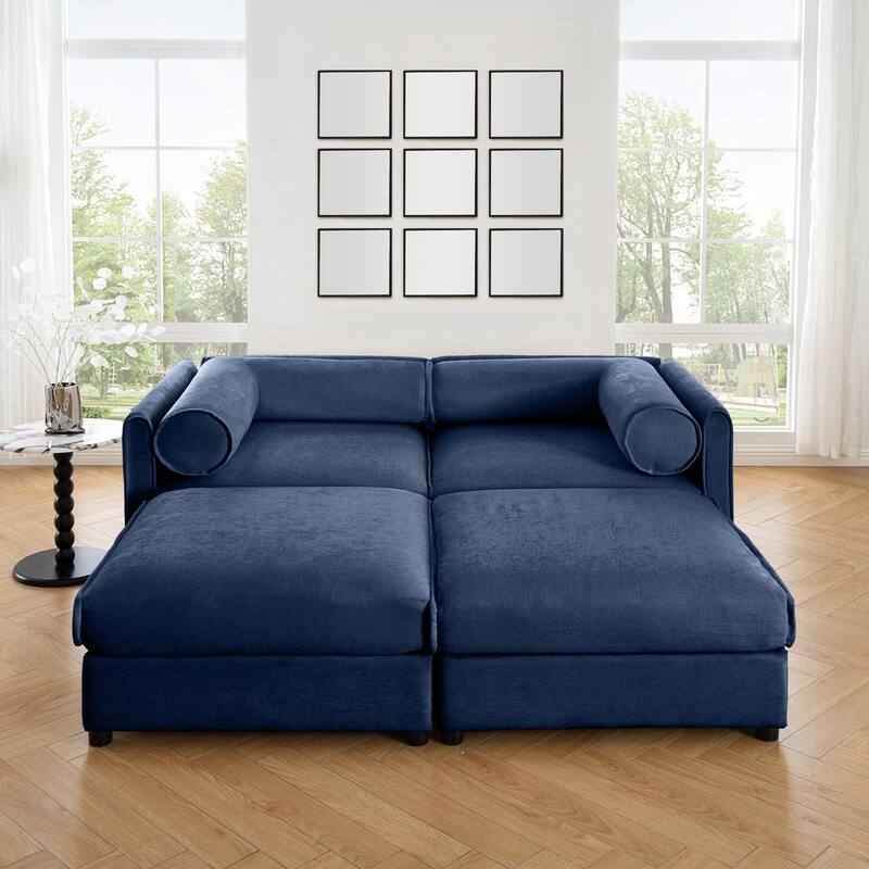 75.5" Chenille 2-Seater Sofa with 2 Ottomans & Cylindrical Back - Blue