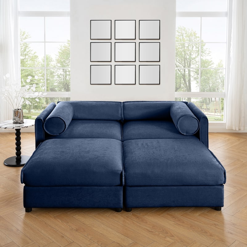 Modern 2-Seater Loveseat Sofa with 2 Ottoman - Blue