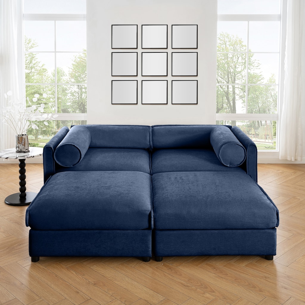 Upholstered Leisure Couch with Hidden Storage, Luxurious Sectional Sofa for Living Room, 75.5" Chenille Loveseat with 2 Ottomans