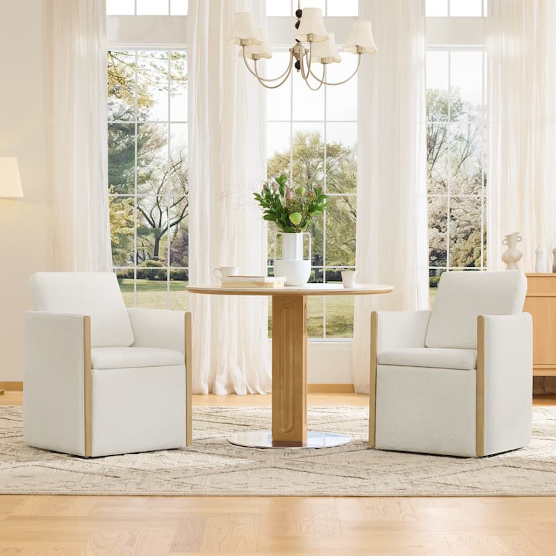 Spruce & Spring Modern Chenille Dining Chair with Casters, Wood Inlay & Hidden Storage - Set of 2 - White