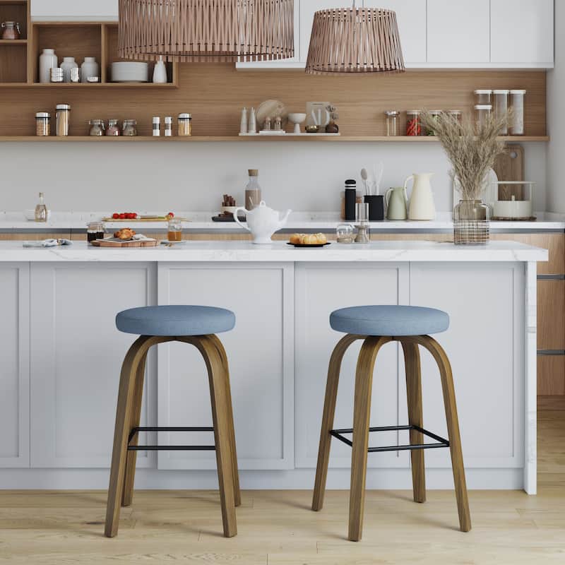 Swivel Bar Stools Set of 2, Bar Height Backless 30″Bar Stool, Fabric Upholstered Seat, Sturdy Wood Legs and Metal Footrest - Blue