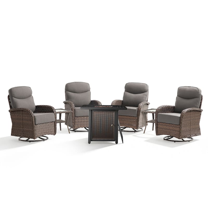 Pocassy Outdoor Sofa Swivel Chair and Ottman with 30in Fire Pit Table