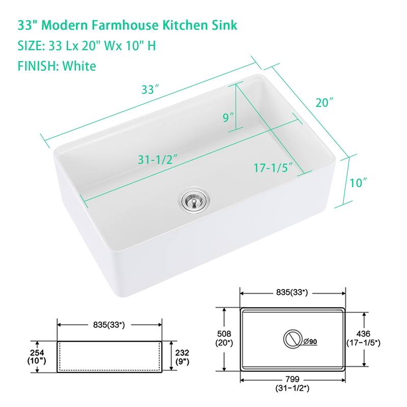 33" W X 20" D Fireclay Reversible Single Bowl Kitchen Farmhouse Sink with Accessories - 33" W X 20" D