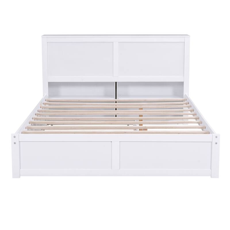 Solid Wood Queen Size Storage Platform Bed with Pull Out Shelves Headboard, Low-Profile Daybed and Trundle for Bedroom/Apartment
