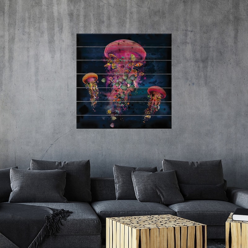 Electric Jellyfish World Pink Print On Wood by David Loblaw - Multi-Color