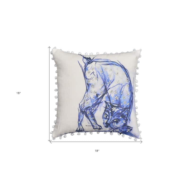 18" X 18" Blue And White Abstract Cat Throw Pillow With Pom Poms