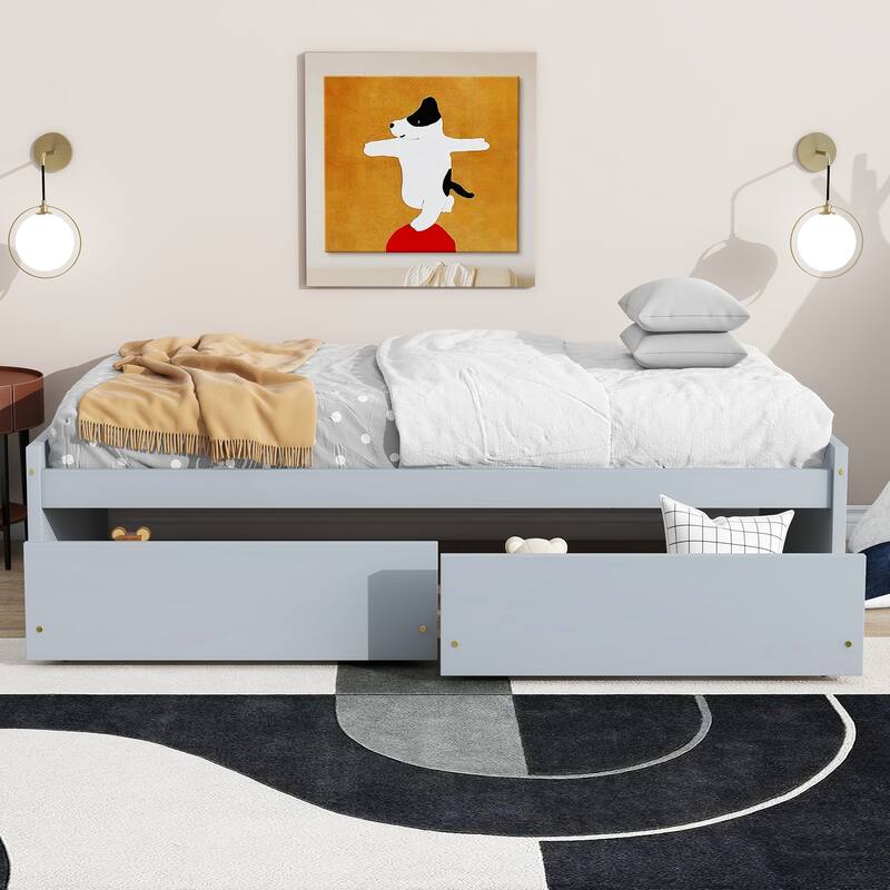 Twin Size Storage Bed with 2 Drawers Solid Rubber Wood Platform Bed, No Headboard