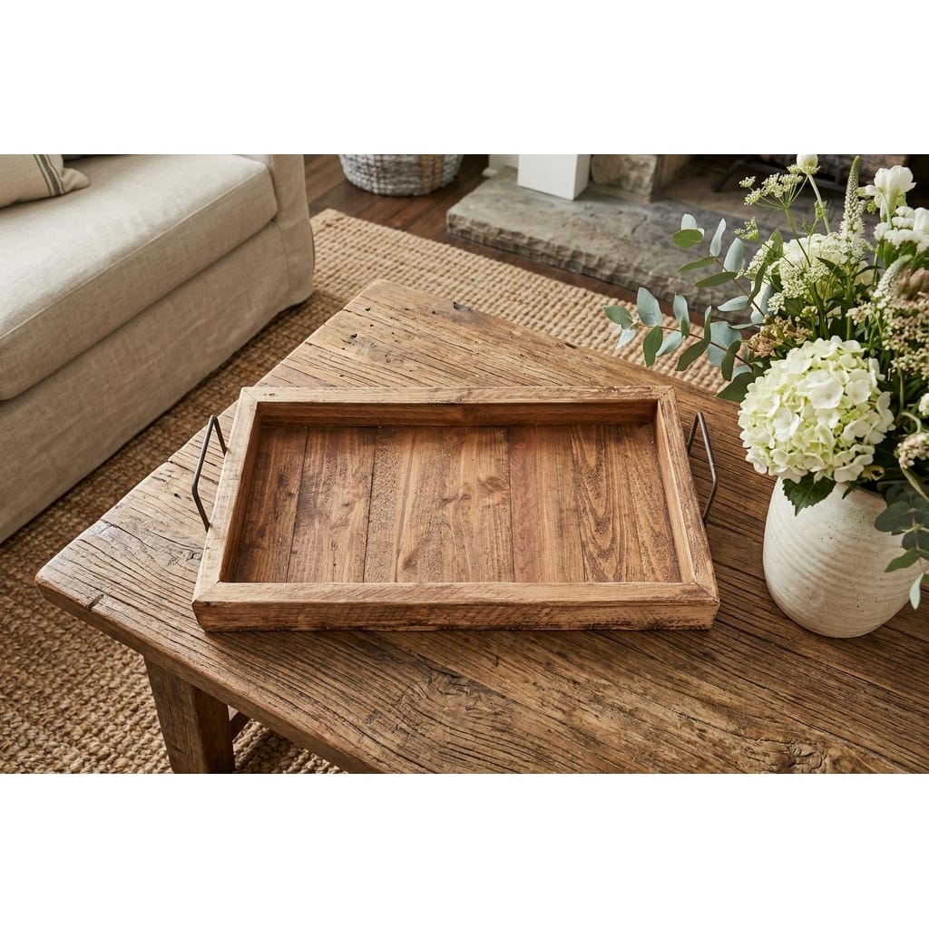 HomeRoots 21" Natural Solid Wood Handmade Serving Tray With Handles - 21.00 in. x 4.00 in. x 10.00 in.