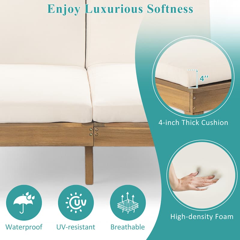 Outdoor Patio Acacia Wood Double Daybed Sunbed with Adjustable Backrest and Folding Side Trays