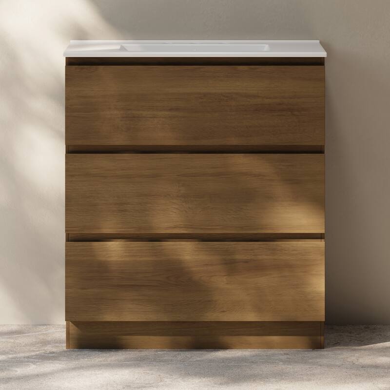 Liberte 30" Freestanding Bathroom Vanity In Brown Oak With 3-Hole Widespread Sink Top - 30