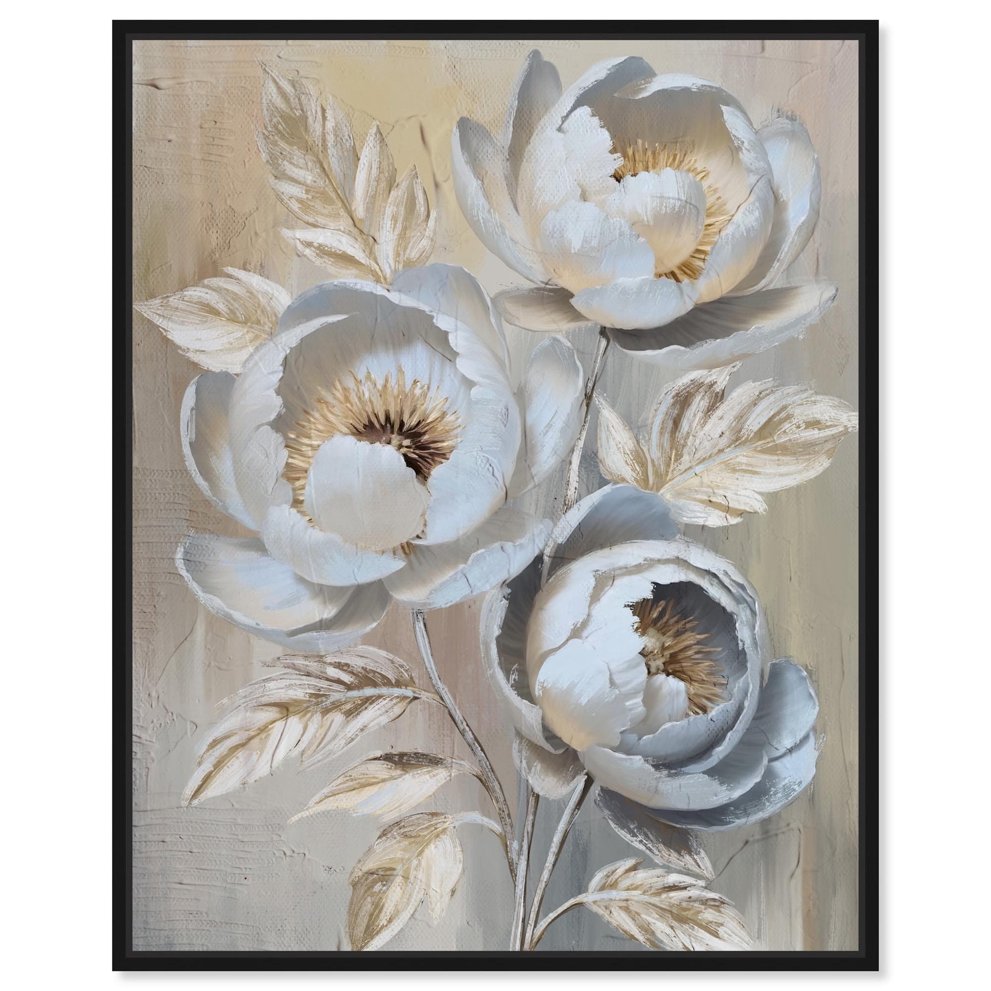 White Flowers Gold Floral Art Framed Canvas Print by Art Remedy