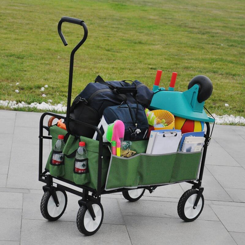 Heavy-Duty Folding Wagon with Large Storage, 600D Fabric, Adjustable Handle, Reflective Safety Straps