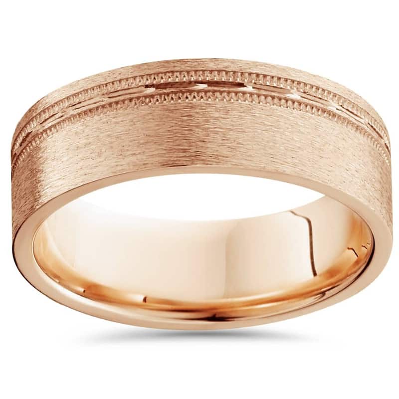 Mens 6mm Flat Brushed Offset Wedding Band Rose Gold