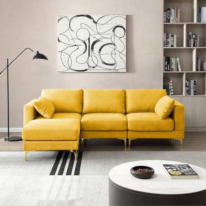 92'' Fabric L-Shape 3-Seater Sofa with Ottoman, Gold Metal Legs, and Toss Pillows