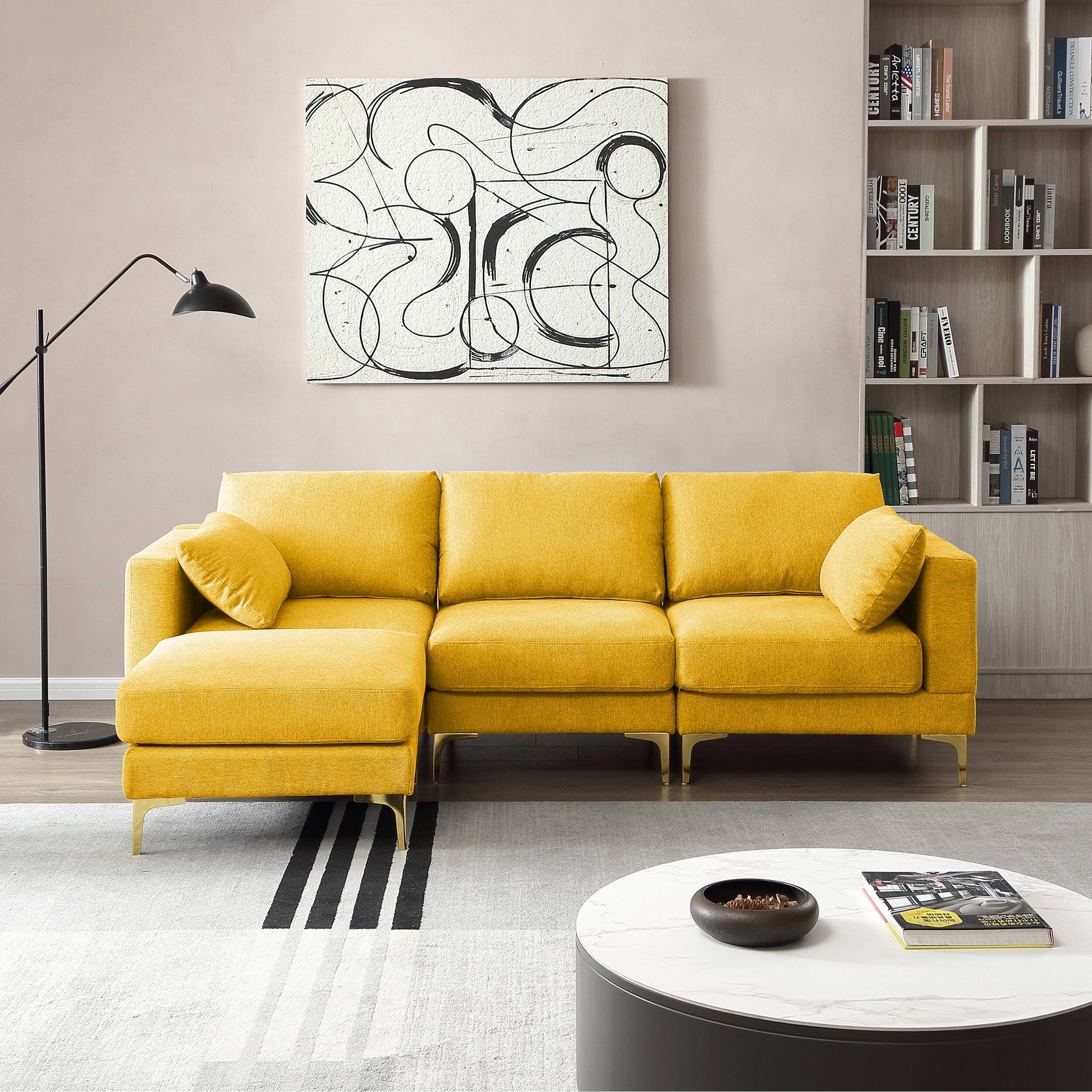 Modern LShaped Sectional Sofa, 3 Seat Couch w/Moveable Ottoman On