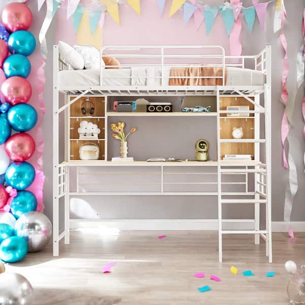 slide 2 of 9, Modern Full Size Loft Bed With Desk And Storage Shelves And Ladder And Safety Guaranteed White