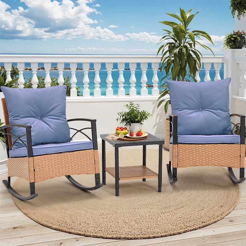 EROMMY 3-Piece Outdoor Rocking/Swivel Chair Set - PE Rattan Patio Furniture with Cushions & Coffee Table, Rocker Chairs - Rocking Chair - Blue