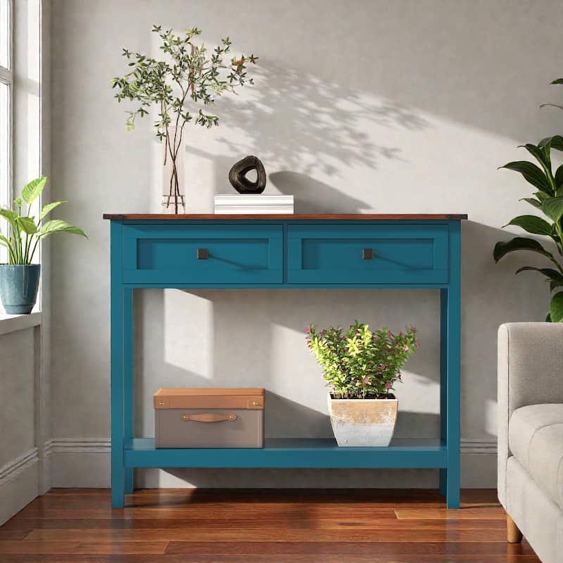 Farmhouse Console Table with 2 Drawers and Bottom Shelf, Rustic Entryway Table for Living Room and Hallway Storage - Pagoda Blue