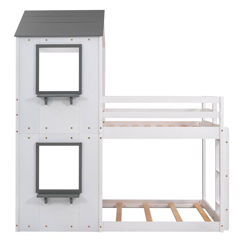 House Bunk Bed for Kids, Twin Over Twin Bunk Bed Frame, Wooden Floor Bunk Bed with Roof, Window, Guardrail, Ladder