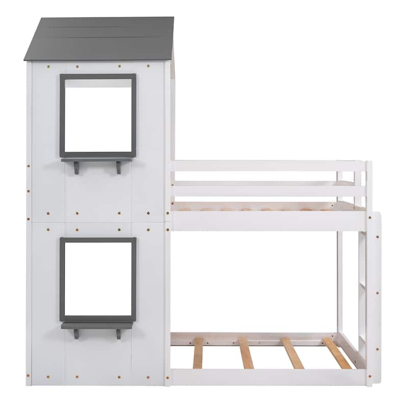 White Twin Over Twin Playhouse Bunk Bed with Roof, Window, Ladder & Guardrail - Space Saving Kids Bed