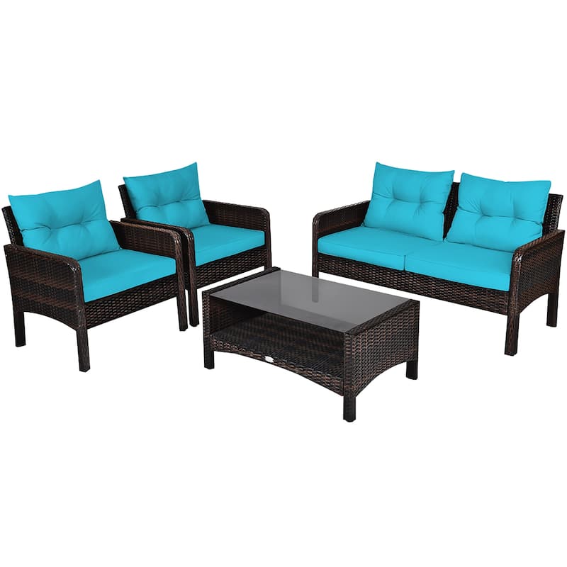 Costway 4PCS Patio Rattan Furniture Set Loveseat Sofa Coffee Table - 28'' x26'' x29''