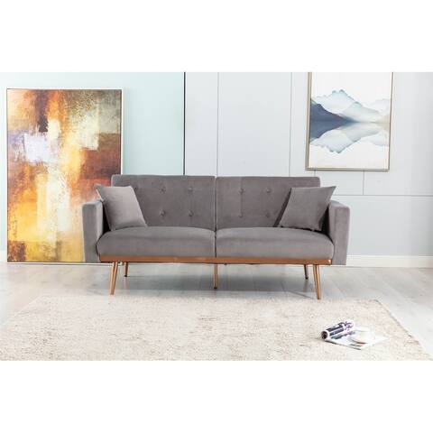 Adjustable Velvet Sleeper Sofa Bed, Accent Loveseat Sofa with Tufted-Split Back and Rose Gold Metal Tapered Legs, Grey
