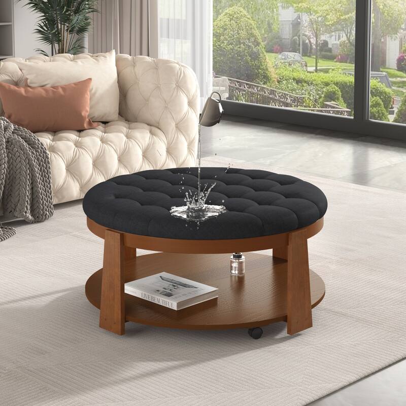 Modern Round Ottoman Coffee Table with Wood Shelf Storage Upholstered Coffee Table for Living Room Footrest Ottoman with wheel