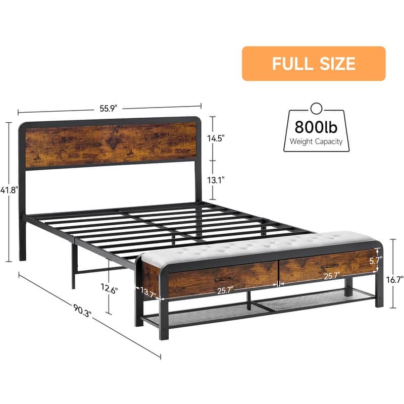 Wooden bed with drawers at the end of the bed