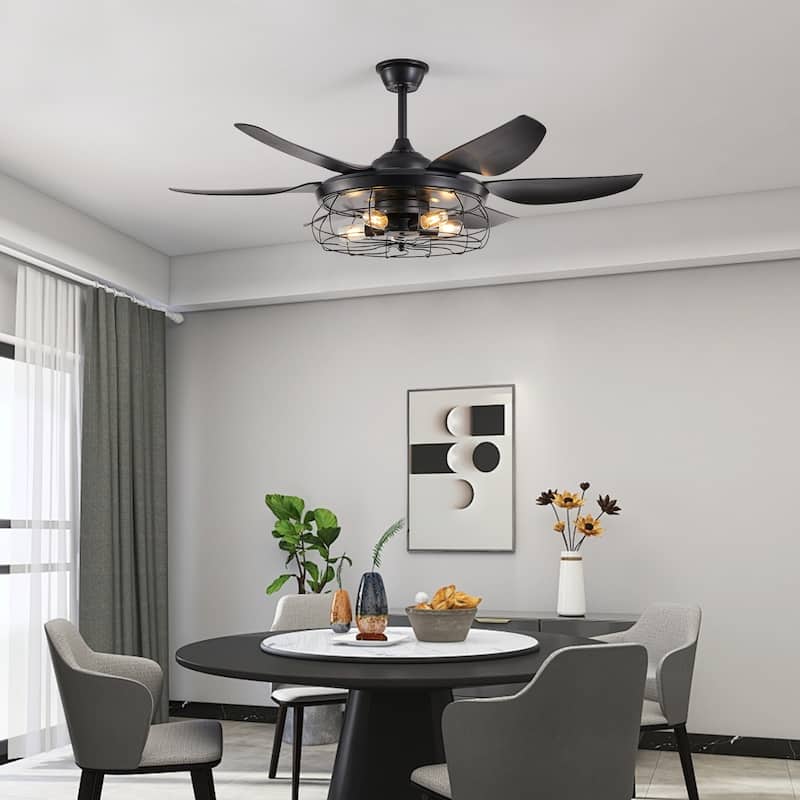 52" Black Ceiling Fan with Light - 6 Blades - Industrial - Living Bedroom(Bulb Not Included)