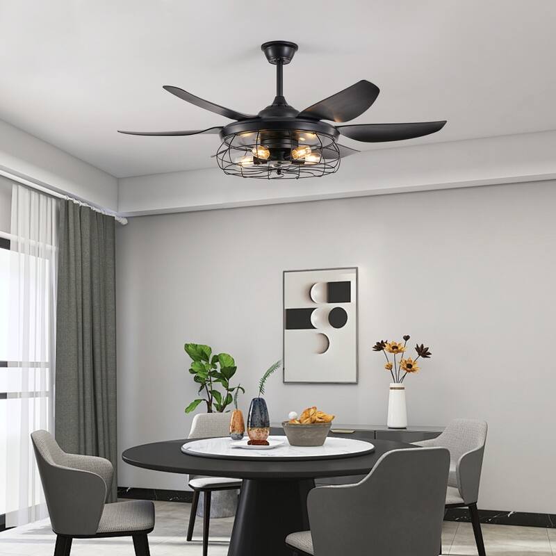 6-Speed Reversible Ceiling Fan for Bedroom Living Dining Room, 52" Industrial Cage Ceiling Fan with Light, Bulb Not Included