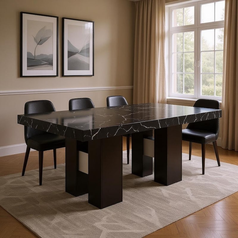 HomeRoots 70" Black Faux Marble and Wood Double Pedestal Base Dining Table - 70 in. x 30 in. x 42 in. - Black - 70 in. x 30 in.  x 42 in.