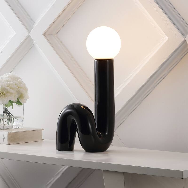 Katya 18" Scandinavian Minimalist Ceramic Spiral Tube LED Table Lamp, by JONATHAN Y - Black
