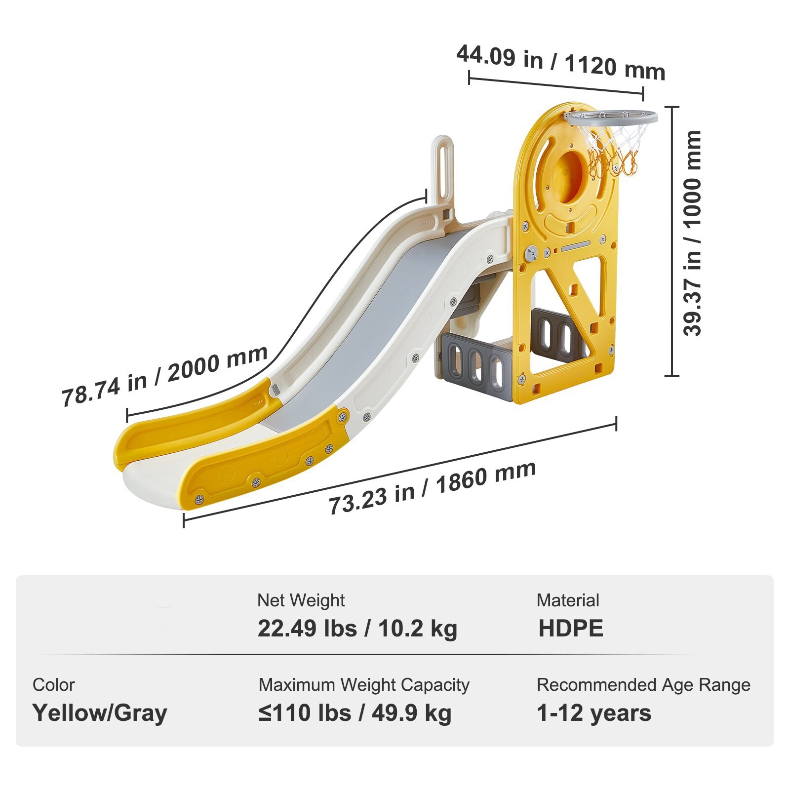 Yellow Grey HDPE Kids Slide with Hoop and Storage, Anti-Slip 6.5ft Playset  - 73.23undefined L x 44.09undefined W x 39.37undefined H - On Sale - buybuy  BABY - 42825138