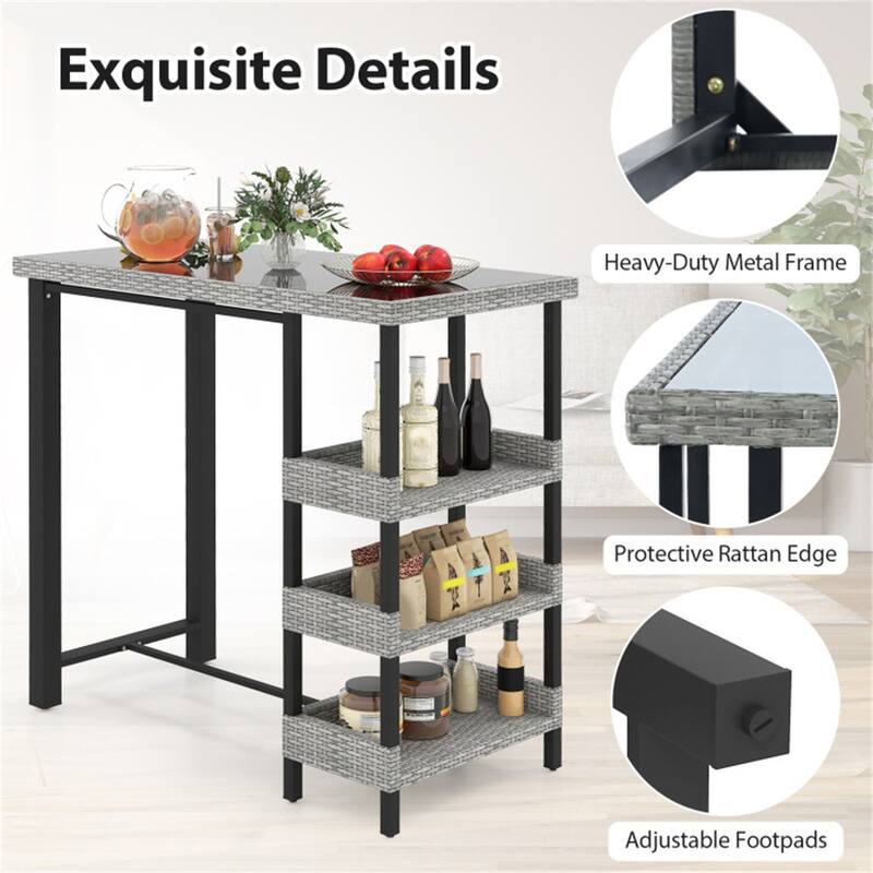 Courtyard Patio Bar Table with PE Rattan and 3 Storage Shelves - 43.5" x 22" x 41"