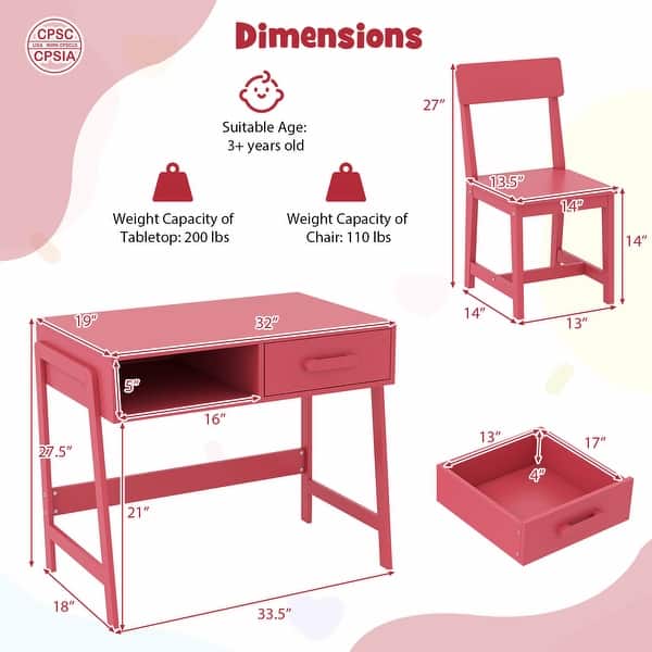 dimension image slide 0 of 2, Costway Kids Desk and Chair Set with Storage Drawer and Hutch, Student - See Details