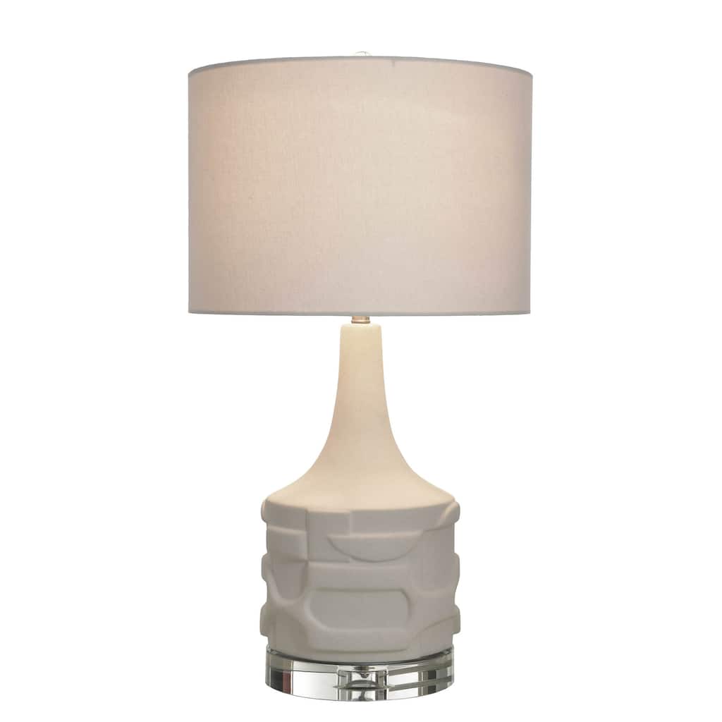 Harp & Finial Relief Porcelain Table Lamp - Matte White - Ivory Shade