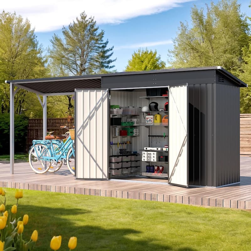 AECOJOY Outdoor Open-Sided Storage Shed Tool Shed Attached Hardtop Metal Pergola Gazebo