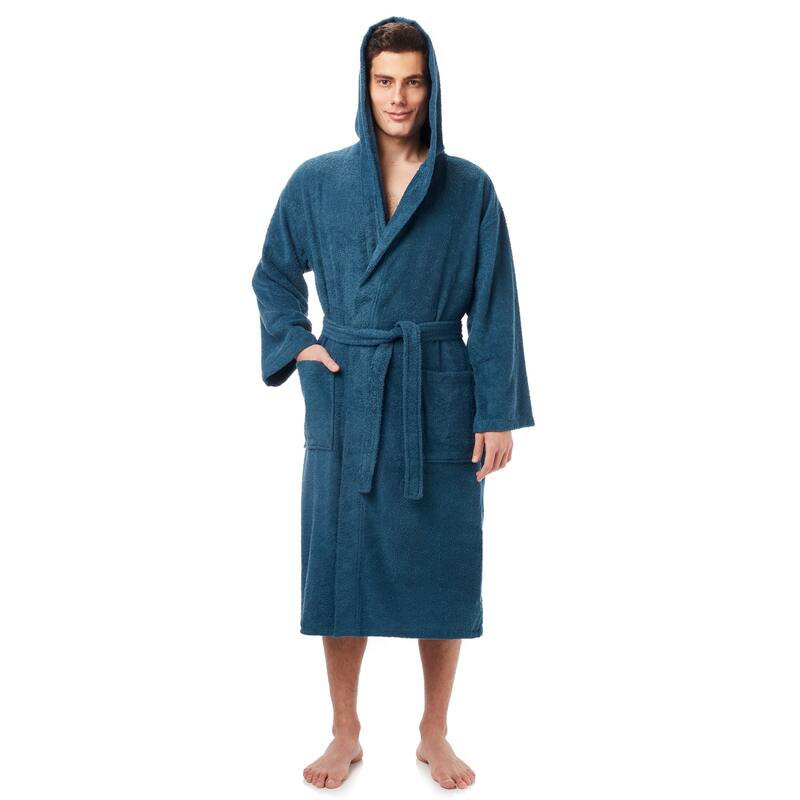 Men's Turkish Cotton Hooded Bathrobe - S/M - Ocean Blue